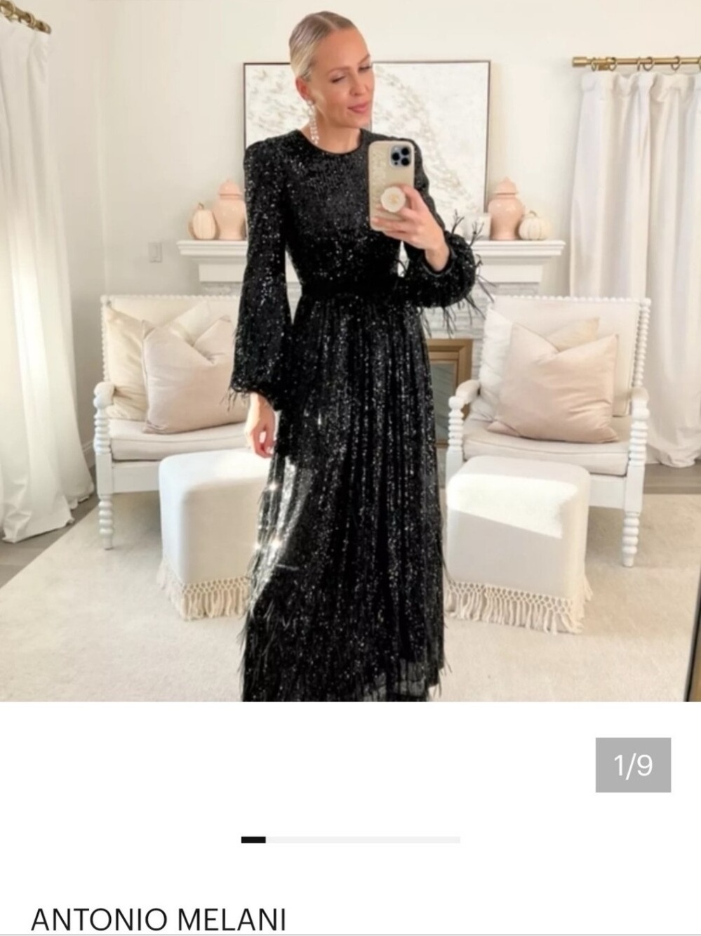 Antonio Melani x Nicola Bathie Black Sequin Feathered Long-Sleeve Evening Dress